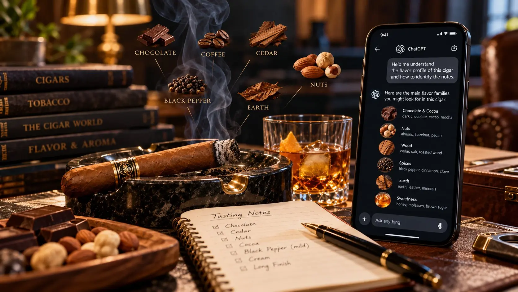 A lit cigar on a marble ashtray beside a phone showing an AI chat about flavor families, with chocolate, coffee, cedar, black pepper, earth and nuts above it and a notebook of tasting notes in front