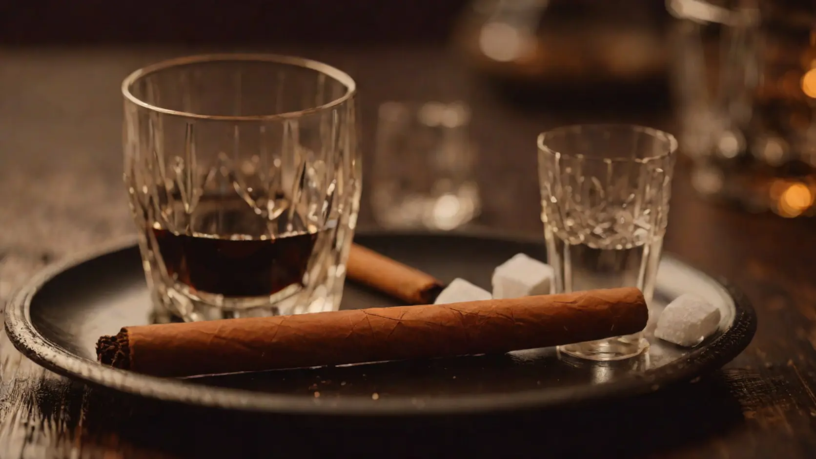 A light-brown cigar on a dark tray beside two cut-crystal glasses, one with water, and a few sugar cubes