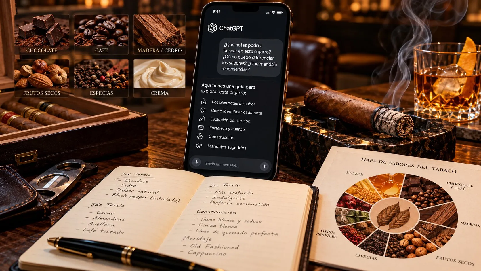 Una libreta abierta con notas de cata por tercios, construcción y maridaje, junto a un teléfono con un chat de IA, un cigarro encendido, un Old Fashioned y un mapa de sabores del tabaco
