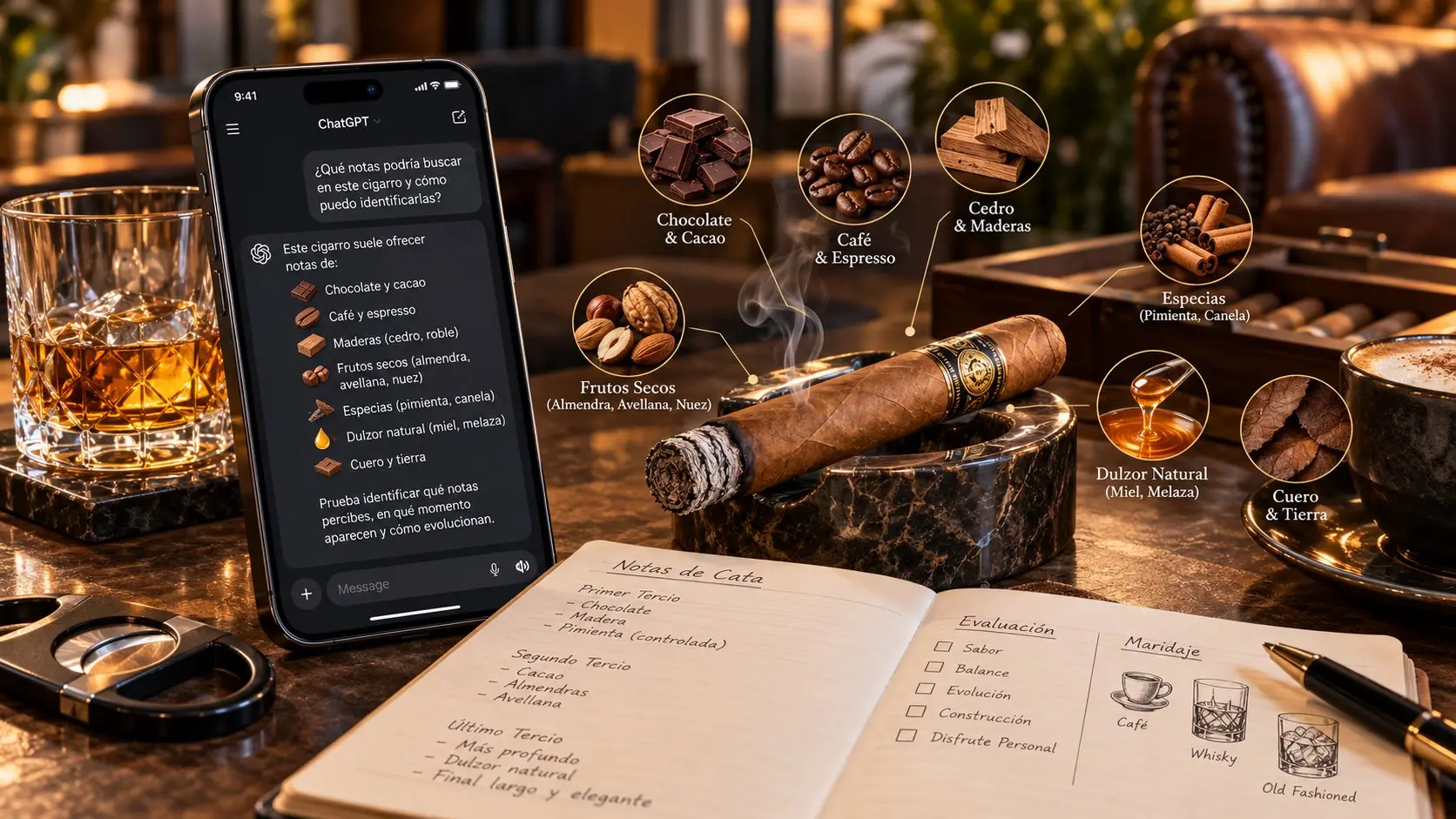 Un cigarro encendido en un cenicero de mármol junto a un teléfono con un chat de IA que sugiere familias de sabores, rodeado de chocolate, café, cedro, frutos secos, especias, miel y cuero, y una libreta de notas de cata por tercios