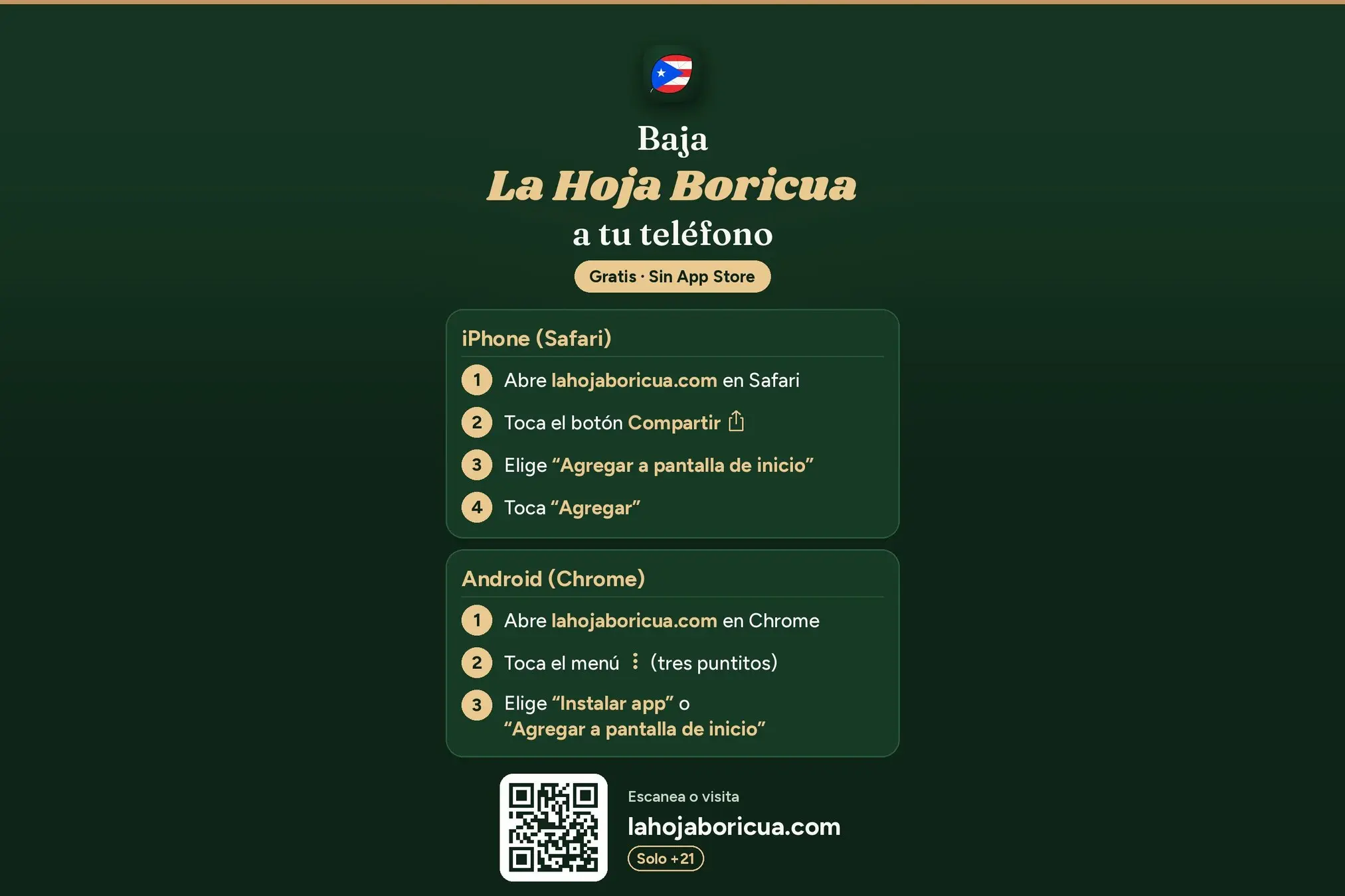 Cartel verde de La Hoja Boricua con los pasos para instalarla en iPhone desde Safari y en Android desde Chrome, y un código QR a lahojaboricua.com