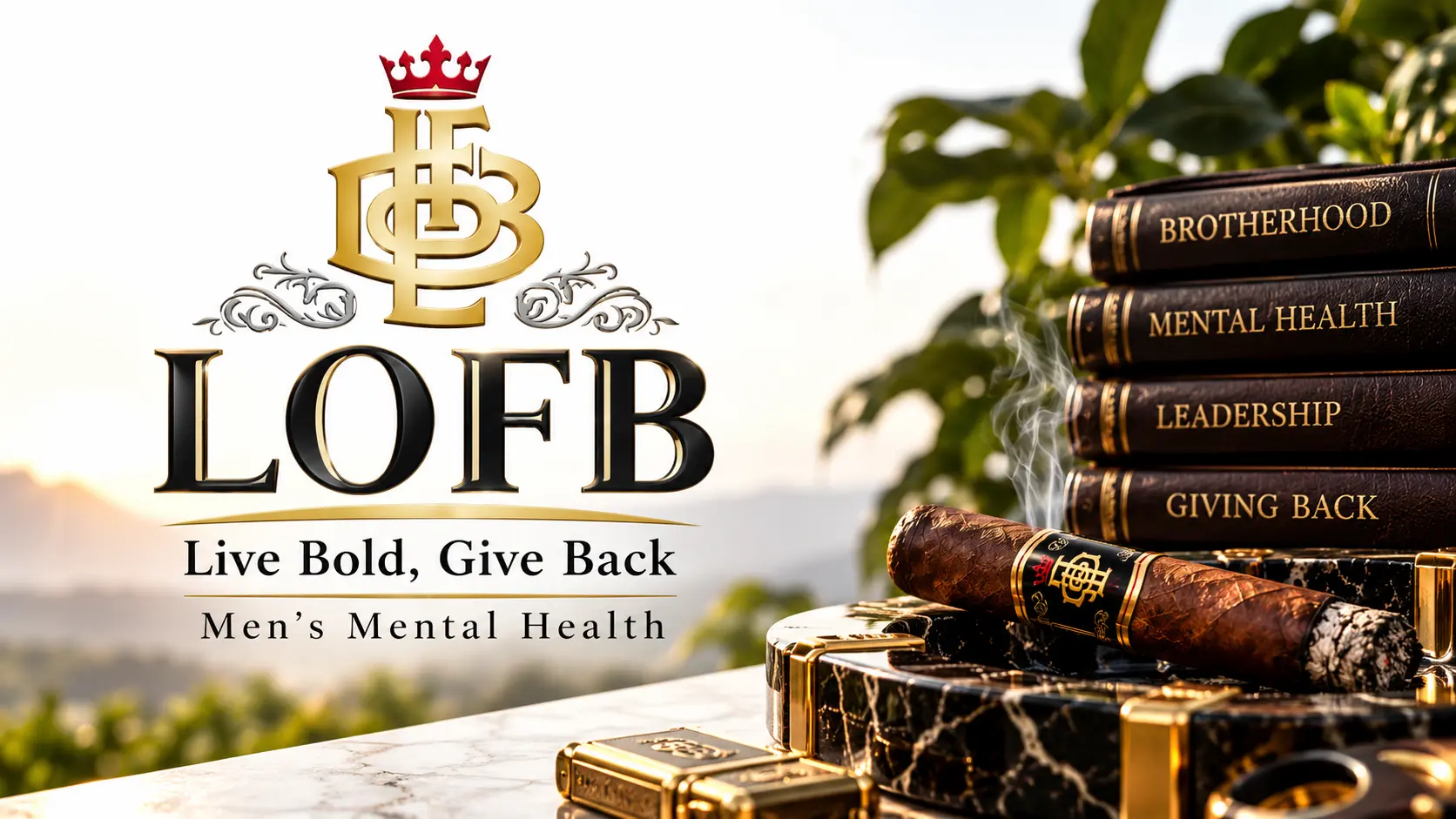 Logo de League of Fat Bastards con las palabras Live Bold, Give Back, junto a un cigarro y libros titulados Brotherhood, Mental Health, Leadership y Giving Back
