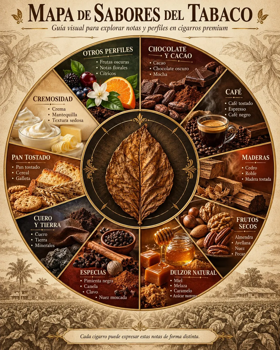 Mapa de sabores del tabaco: una rueda con chocolate y cacao, café, maderas, frutos secos, dulzor natural, especias, cuero y tierra, pan tostado, cremosidad y otros perfiles como frutas oscuras, notas florales y cítricos