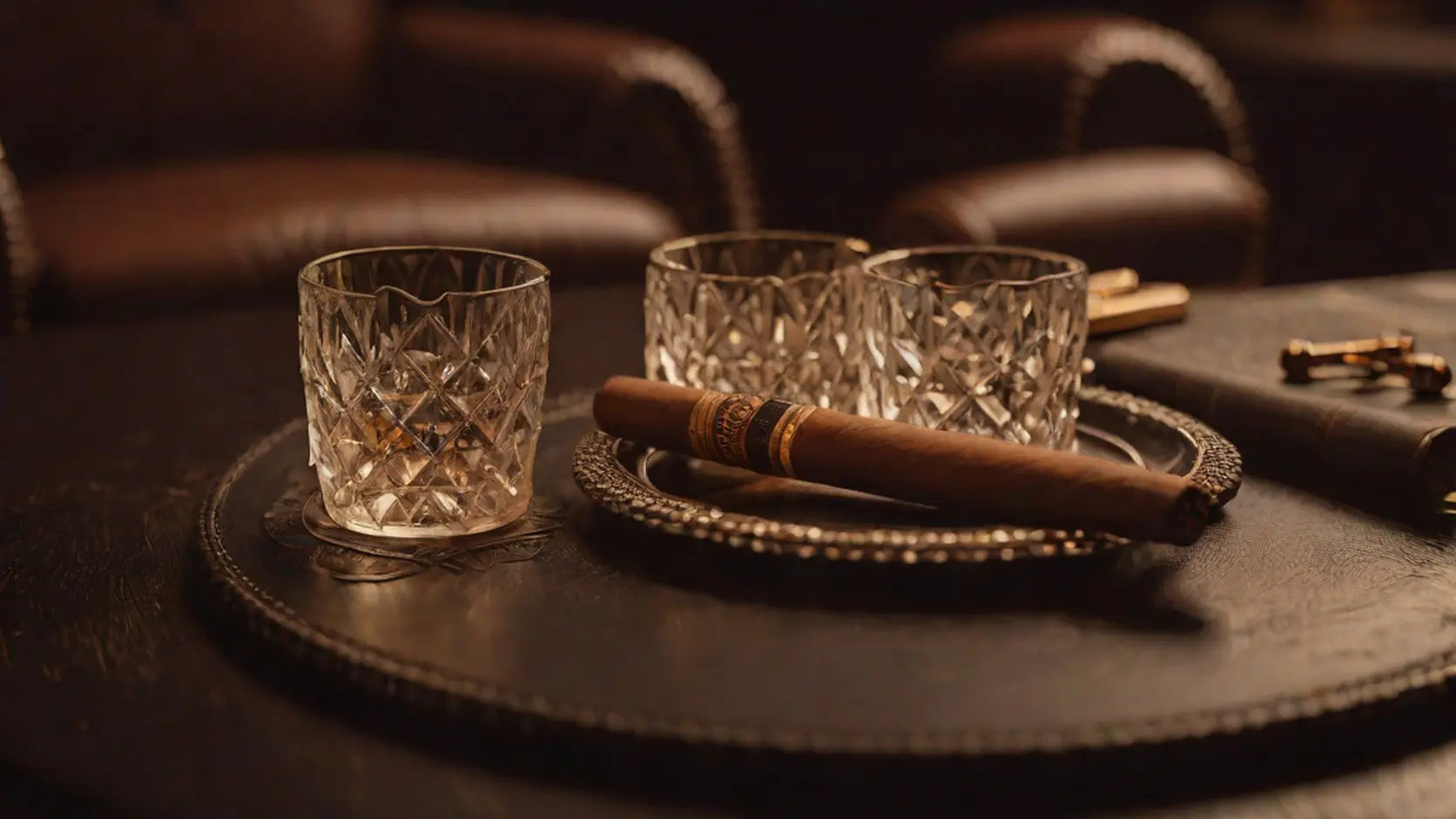 An unlit cigar resting on a tray beside crystal glasses, with empty leather armchairs behind