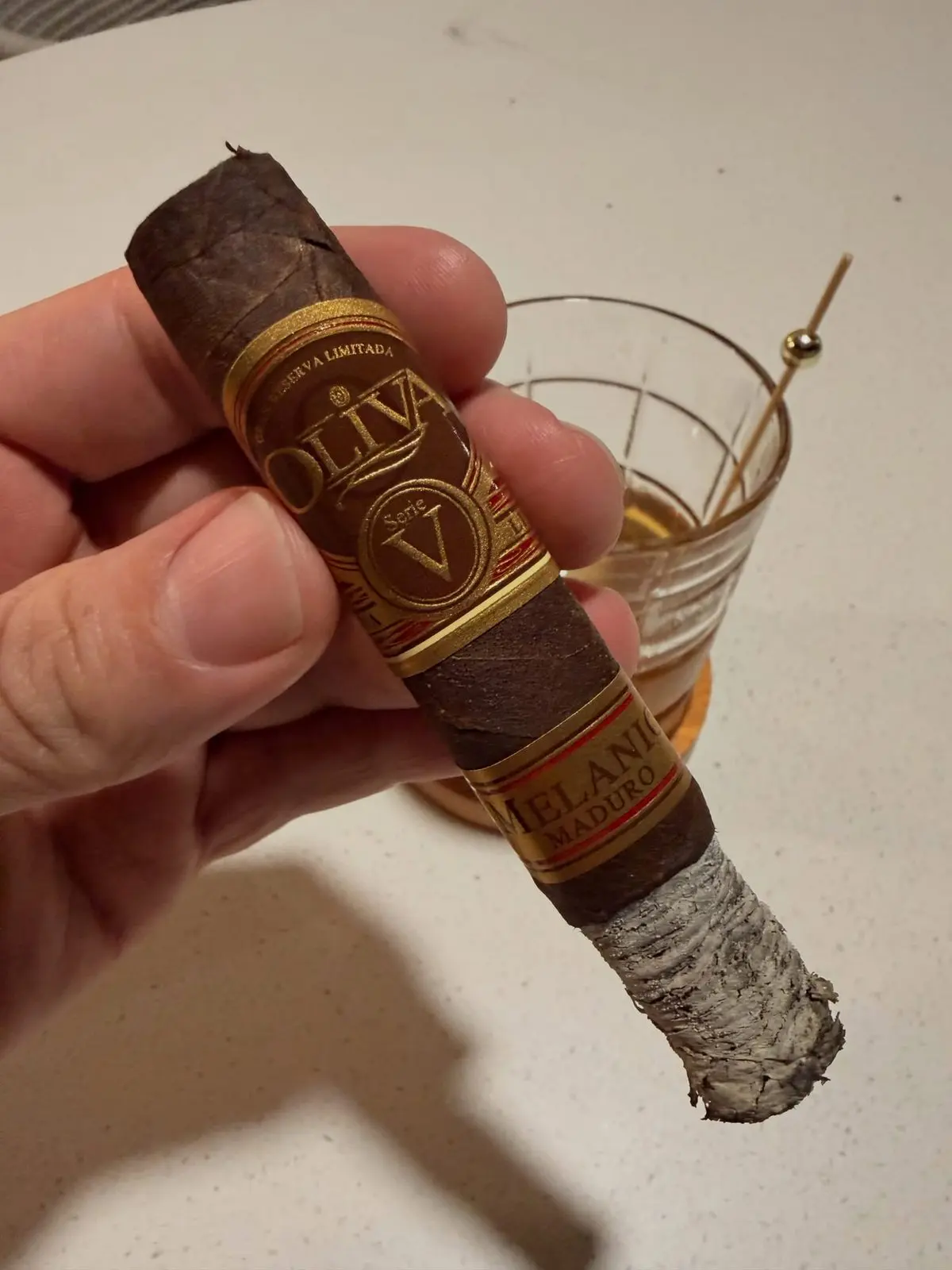 Oliva Serie V Melanio Maduro Robusto cigar, photographed by CigarSolace