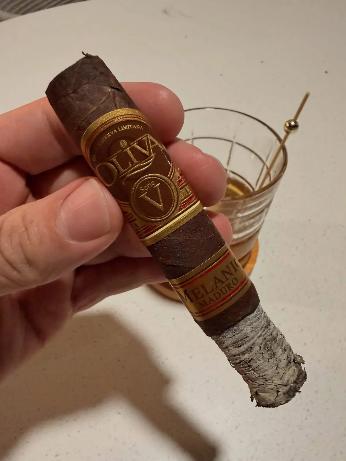 Oliva Serie V Melanio Maduro Robusto cigar, photographed by CigarSolace