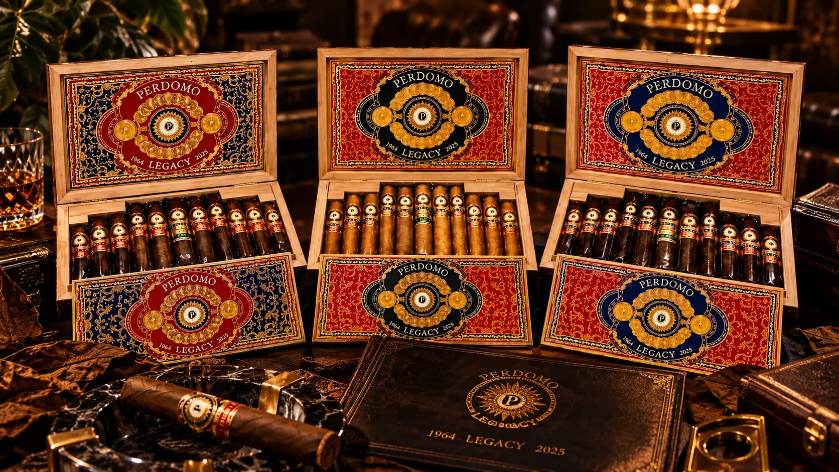 Three open Perdomo Legacy boxes in red, blue and gold, with a cigar and a dark Legacy 1964–2025 box in front