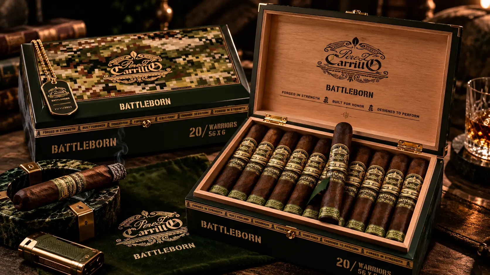 Two boxes of Perez-Carrillo Battleborn Warriors with a camo lid and a dog tag, one open with the cigars inside