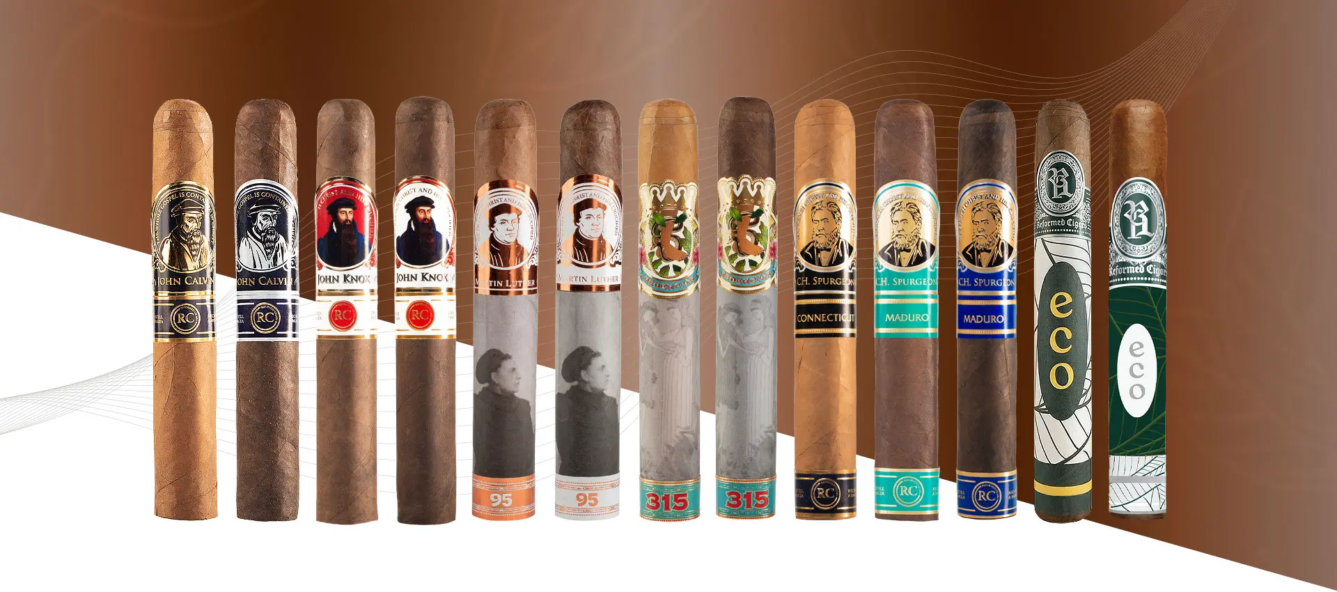 The Reformed Cigars lineup side by side: John Calvin, John Knox, Martin Luther 95, Redención 315, C.H. Spurgeon and ECO
