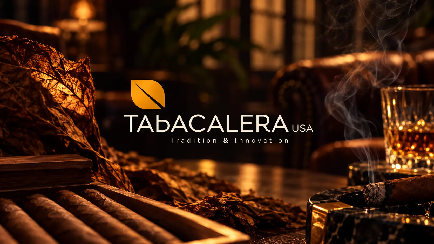 Logo de Tabacalera USA con las palabras Tradition & Innovation sobre una caja abierta de cigarros, hojas de tabaco y un cigarro encendido