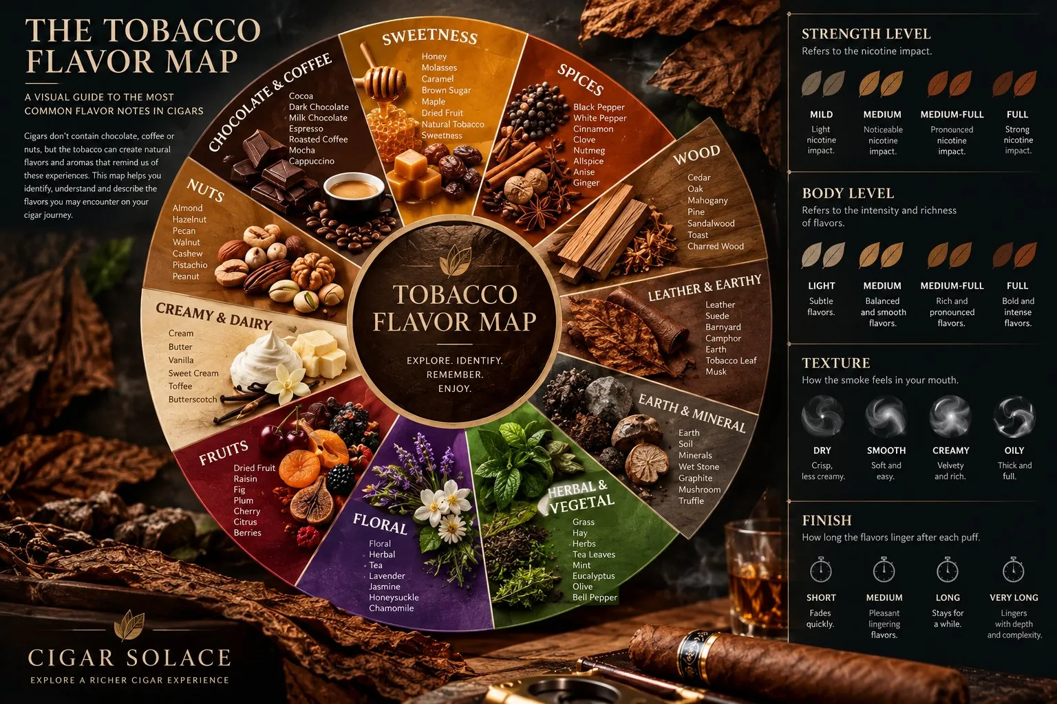 The Tobacco Flavor Map: a wheel of flavor families (chocolate and coffee, sweetness, spices, wood, leather and earth, earth and mineral, herbal, floral, fruits, creamy and dairy, nuts) beside guides to strength, body, texture and finish